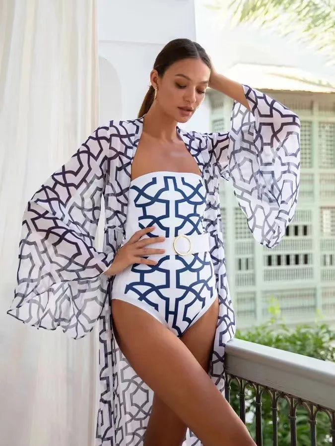 Bikini Bodysuit Swimwear Women With Kimono Bathing Suit Summer New Splice Print Beachwear Holiday Bikini Cover Ups Outfits