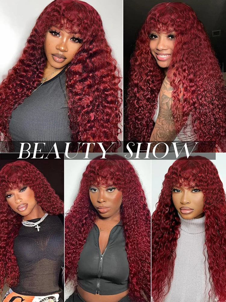 99J Burgundy Curly Wig with Bangs Human Hair  Water Wave Mechanism Color Wigs Red wig with Bangs Colored Brazilian Human Hair