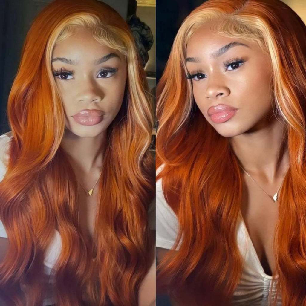 Ginger Orange with Blonde Highlights Wig Synthetic Lace Front Wig Long Wavy Hair Loose Body Wave 13X4 Frontal Wigs for Women