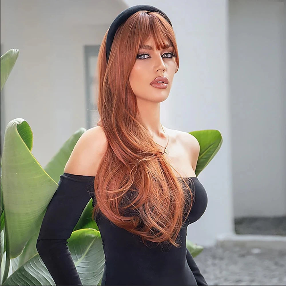 HAIRJOY  Synthetic Hair  Long Wavy Ginger Wig with Bangs  Wigs for Women Heat Resistant Synthetic Fiber for Daily Party Use
