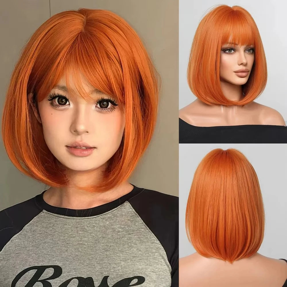 Short Bob Burgundy Straight Synthetic Wig with Bangs Wine Red Fake Hair for Cosplay Women Party Daily Use Heat Resistant Wigs