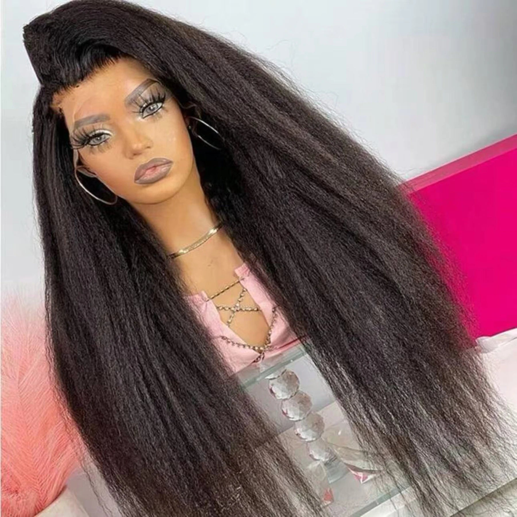 Yaki Kinky Straight 13X4X1HD Full Lace Frontal Wigs For Women Preplucked With Baby Hair Heat Resistant Fiber Glueless Wigs Party