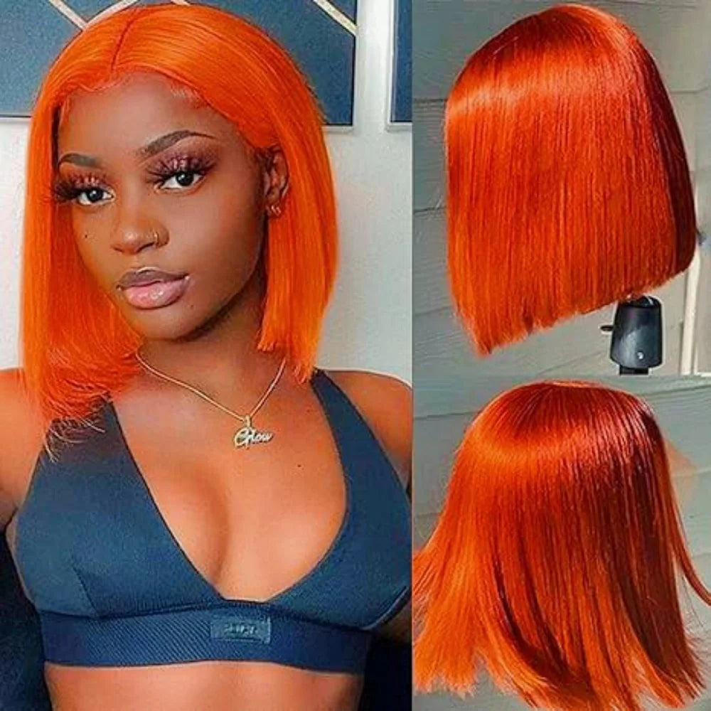 Orange Bob Wig Human Hair 13x4 Lace Front Wig 180% Density Short Straight Frontal Bob Wig Transparent Lace 350 Color Wig Ginger