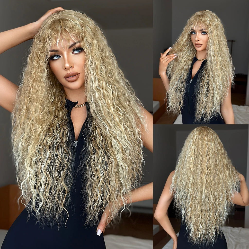 NAMM 32 Inch Striking Blonde Afro Kinetic Wigs, Silk Synthetic Heat-Resistant Fiber Hairpiece For Daily Wear, Music Festivals Ce
