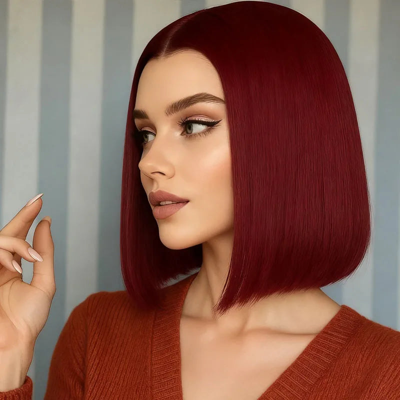 Women's burgundy 12 inch straight hair wig, synthetic high-temperature fiber, fashionable, suitable for daily and party use