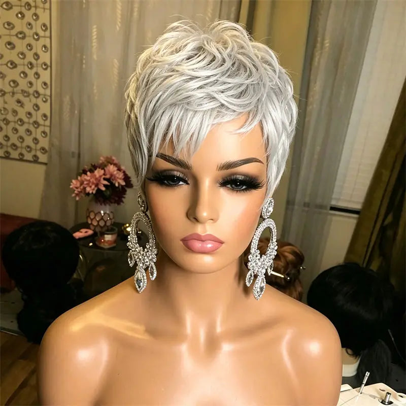 Short Wig for Women Pixie Cut Wig Full Machine Made With Bangs Gray Human Hair Wig Fashion Style for Black Women Daily Party Use