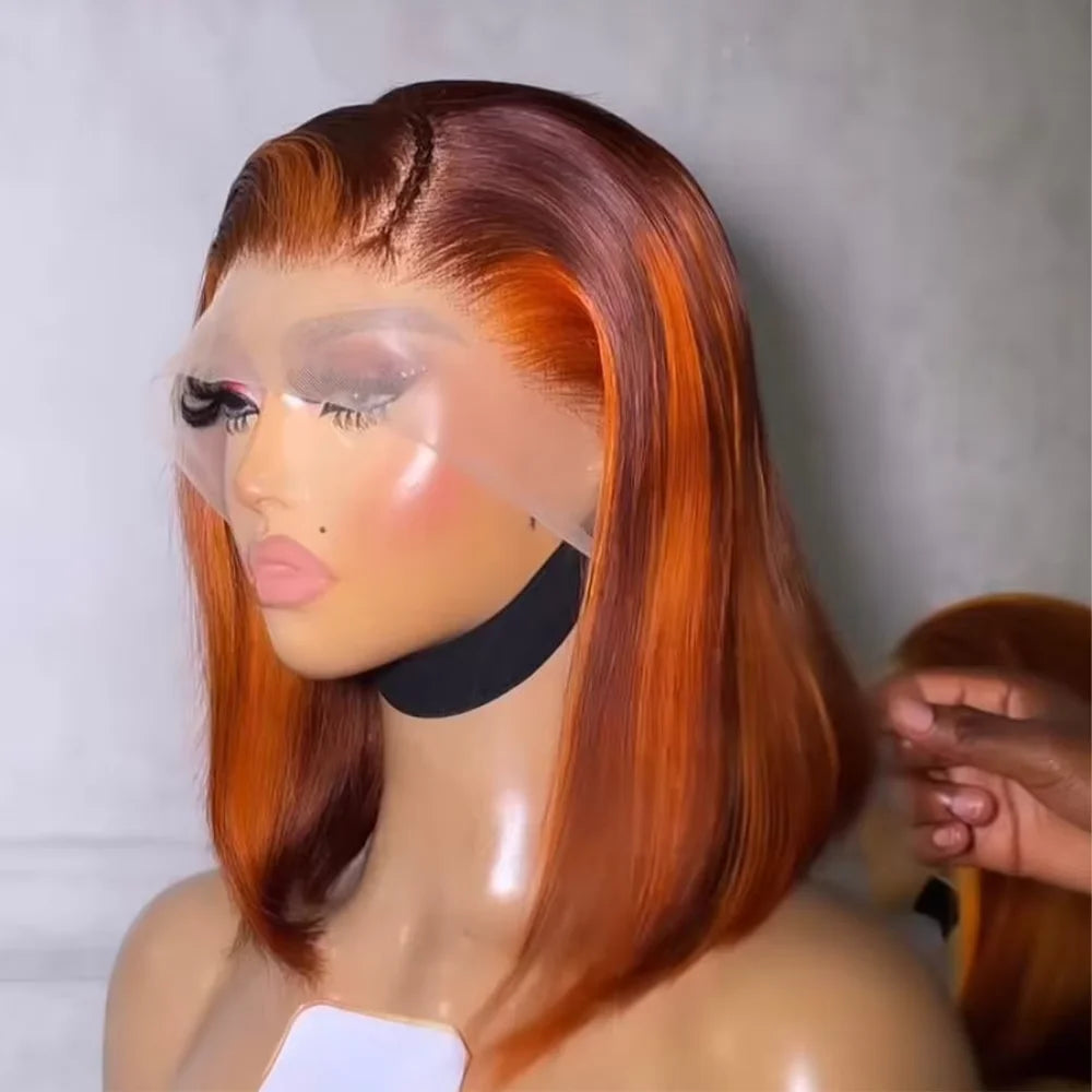 200% Density Ginger Orange Straight Short Bob Wig Silky Highlight Ginger Orange Color 13x4 Lace Frontal Wig 100% Human Hair Wigs