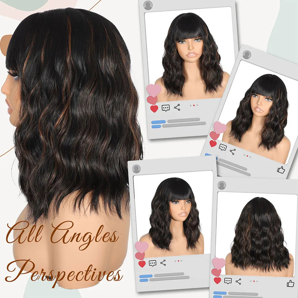 Short Bob Wavy Wigs for Women 14' brownblack Brownis with Bangs Synthetic Natural Color Hair for Halloween& Cosplay and Daily
