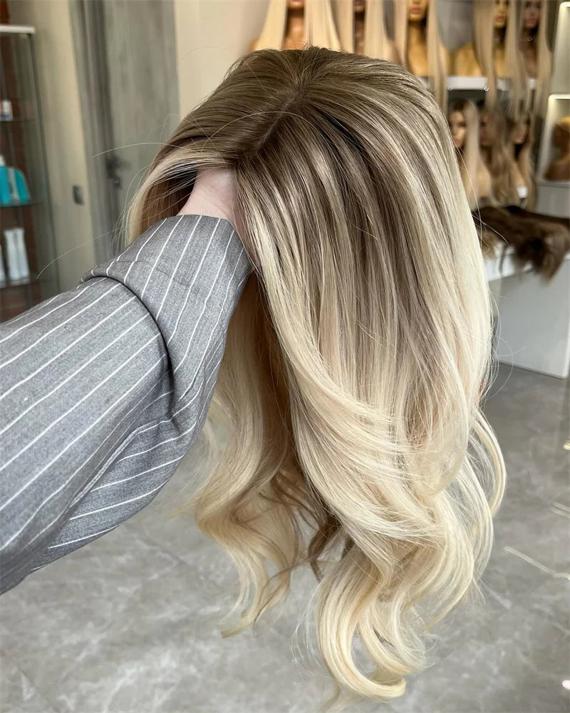 HD Lace Front Glueless Wig Platinum White Blonde Balayage Colored Wig Heat Resistant Luxury Human Hair Synthetic Blended Fiber