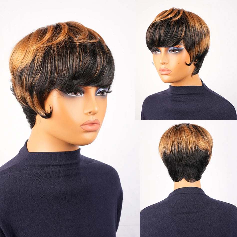 Ombre Color Highlight Short Pixie Cut 1B/33 Black Mix with Brown 150% Density Glueless Layered Brazilian Human Virgin Hair Wigs