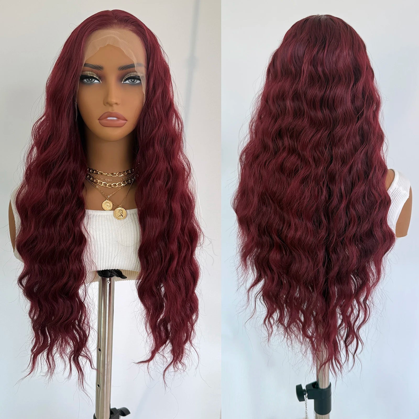 Burgundy Lace Front Wig 13x4 Natural Hairline Glueless Long Body Deep Wave Synthetic Wig for Women Daily Use Cosplay Wig