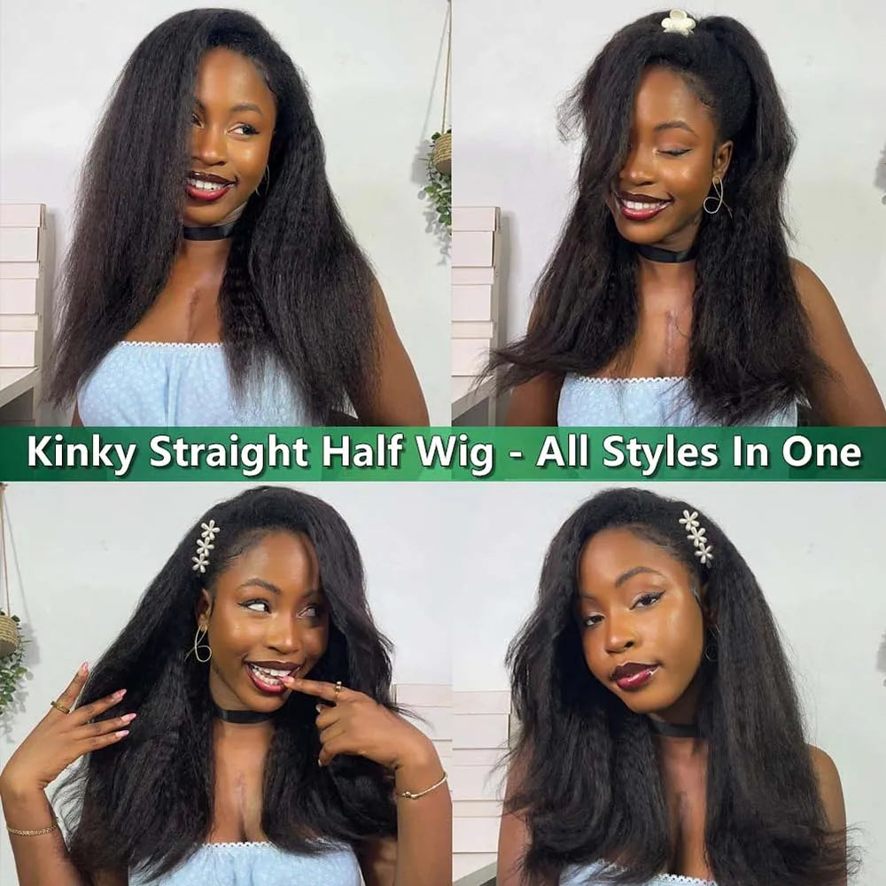 Kinky Straight Half Wig 3 In 1 Half Wig With Drawstring Flip Over Half Wig Yaki Straight Glueless Wigs Ready to Wear Half Wigs