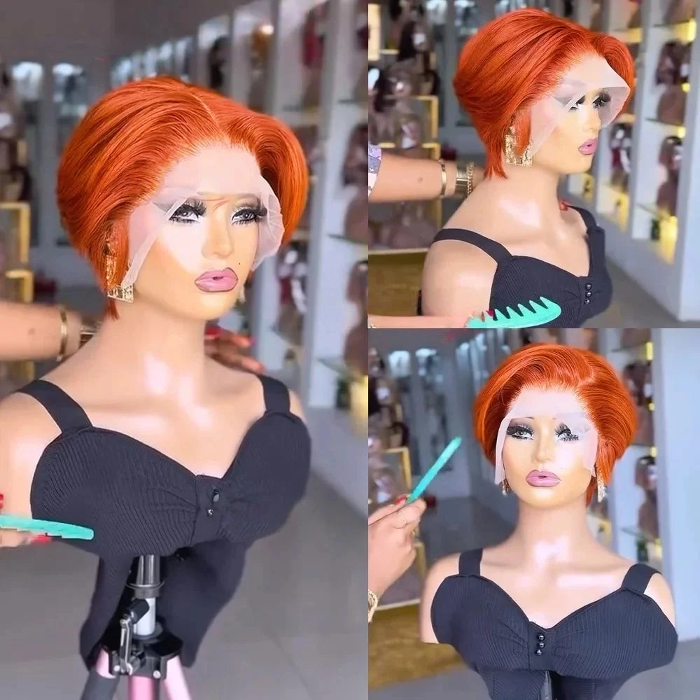 8 inches Ginger orange 13x4 Transparent Lace Front Wigs For Women Pixie Cut Staright Human Hair Wig Short Bob Wig 180% Density