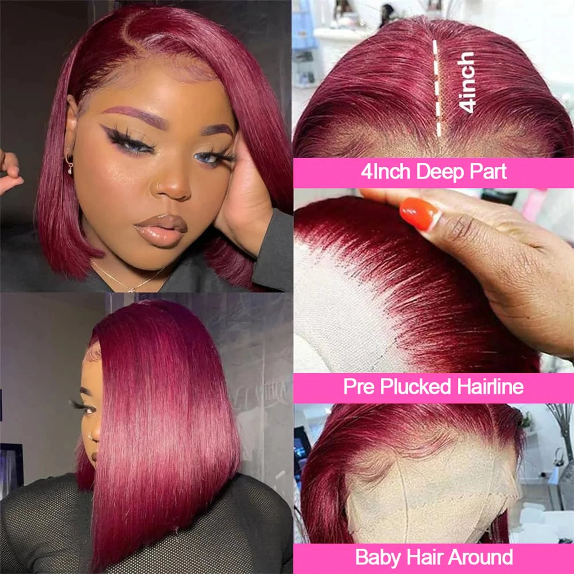 99J Burgundy Bob Wig 13x4 Lace Front Short Wigs 200%Density Straight HD Transparent Lace Frontal Wig Pre Plucked Human Hair 100%
