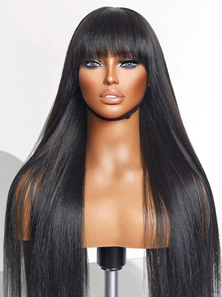 Cheap 38inch 13x6 HD Lace Front Human Hair Wigs With Bangs Raw Indian Straight 360 Full Lace Frontal Wig With Fringe For Women