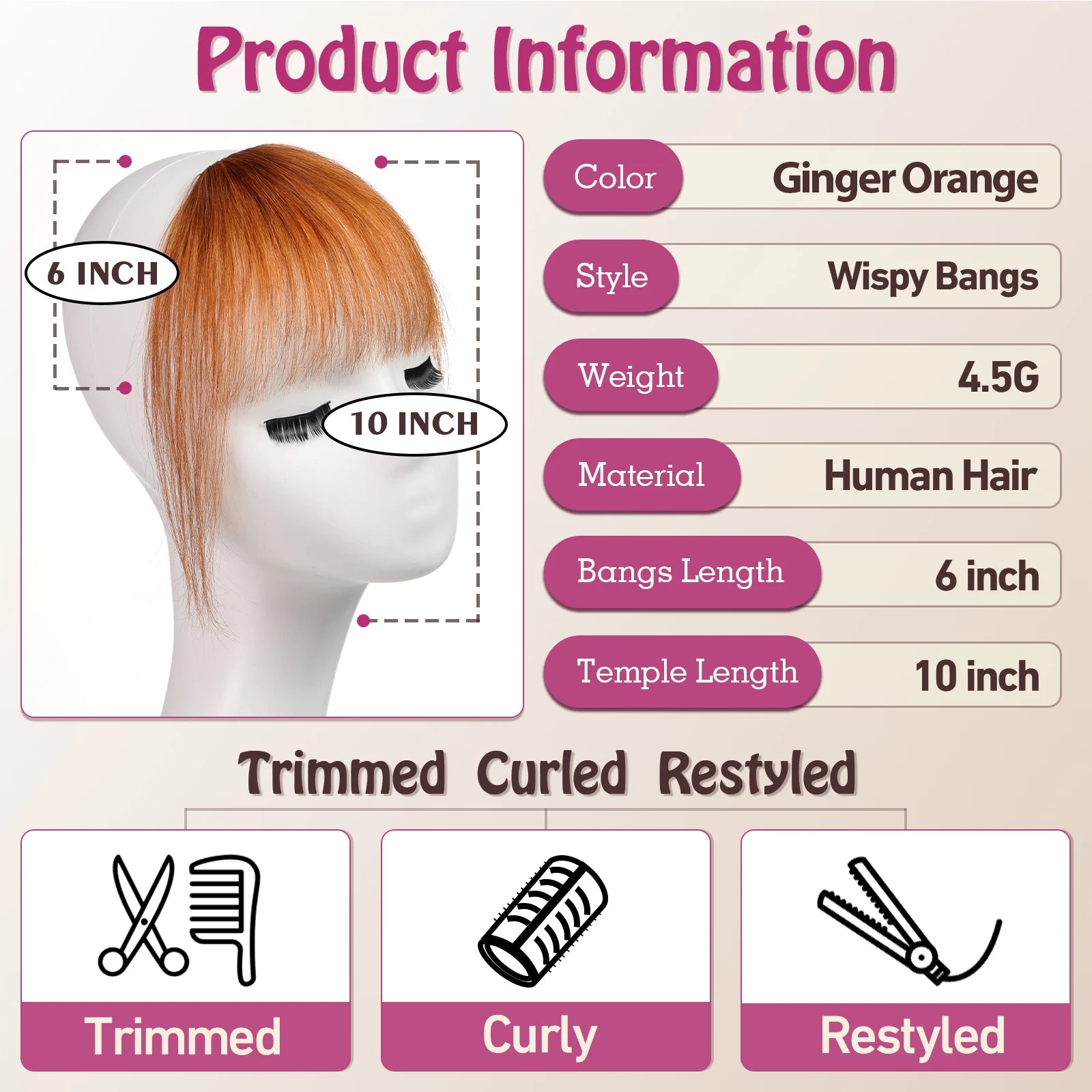 Ginger Orange Human Hair Bangs Clip In Wispy Fringe With Temples Hair Extensions For Women Natural Look 100% Real Human Hair