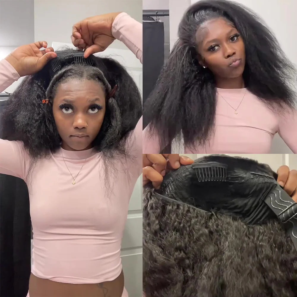 Half Wigs Yaki Straight 220% Density Human Hair Kinky Straight Wig Seamless Clip In Half Wig with Drawstring Beginner Friendly