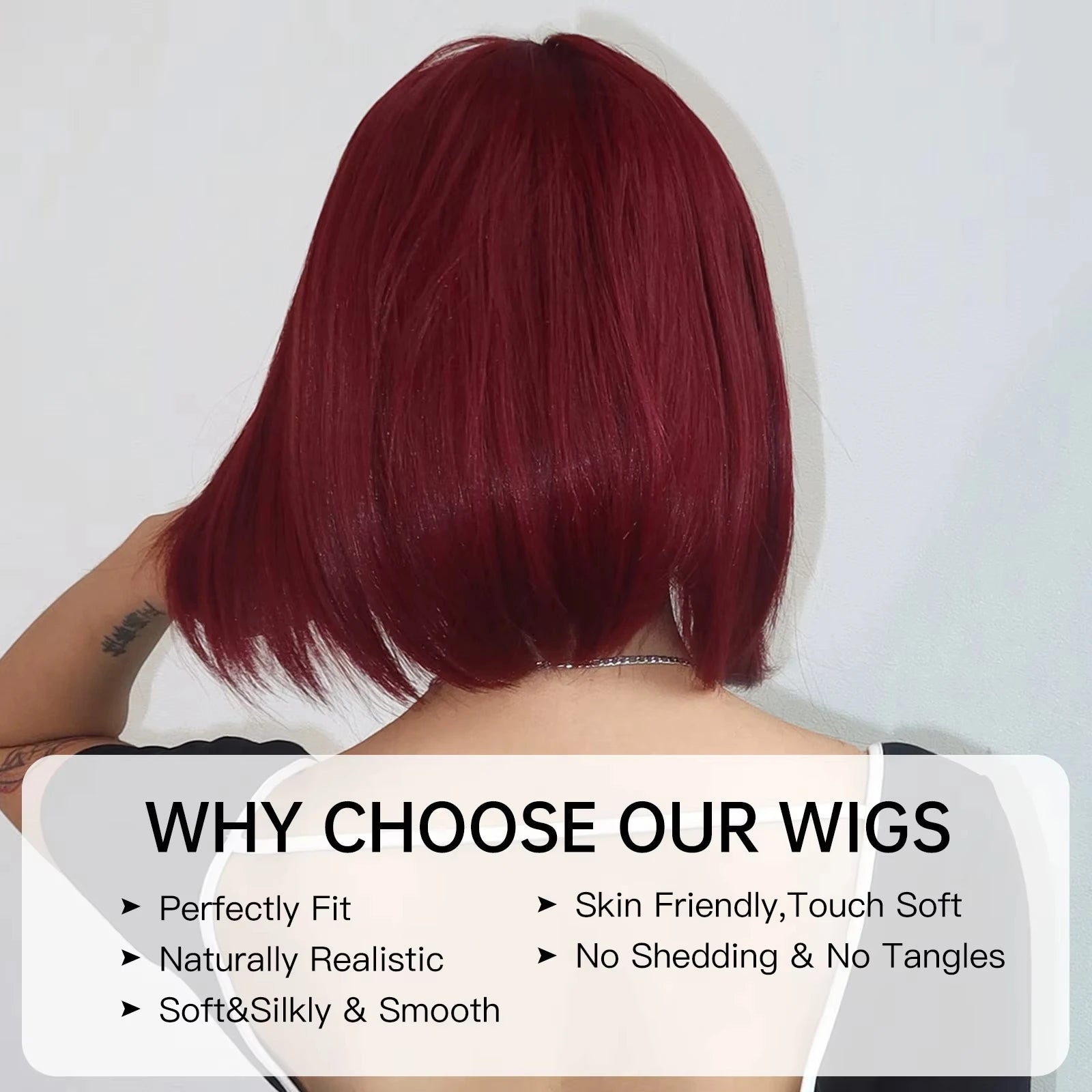 Short Bob Burgundy Straight Synthetic Wig with Bangs Wine Red Fake Hair for Cosplay Women Party Daily Use Heat Resistant Wigs