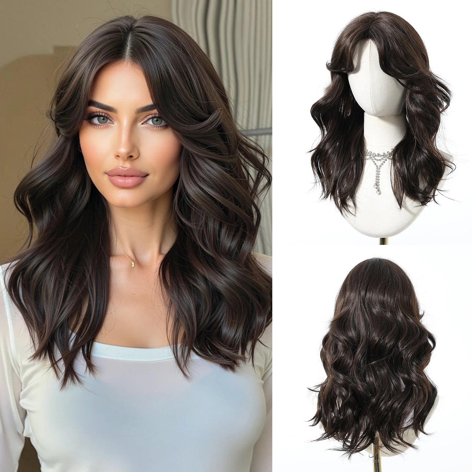 Short Wavy Wigs Black Brown Wig Shoulder Length Wave Synthetic Hair With Medium Part Bangs Daily Party for Women Heat Resistant