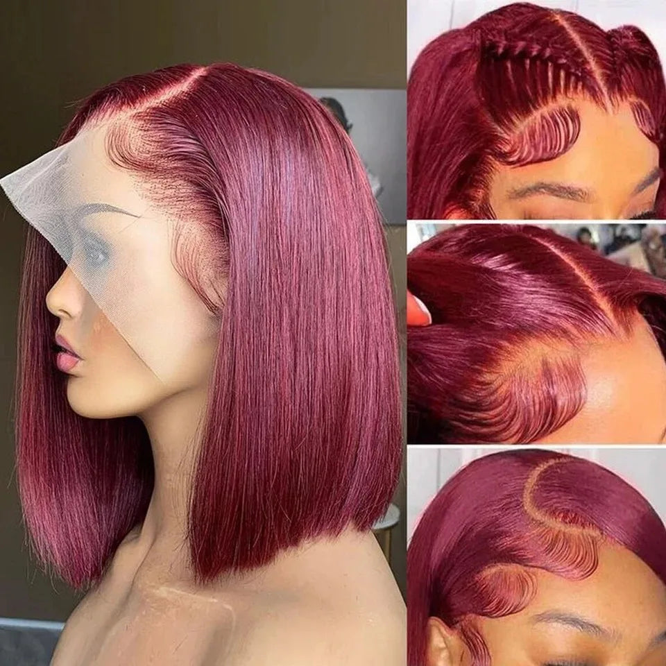 99J Burgundy Bob Wig 13x4 Lace Front Short Wigs 200%Density Straight HD Transparent Lace Frontal Wig Pre Plucked Human Hair 100%