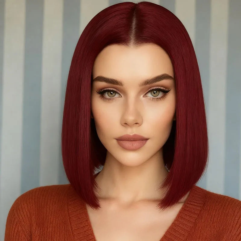 Women's burgundy 12 inch straight hair wig, synthetic high-temperature fiber, fashionable, suitable for daily and party use