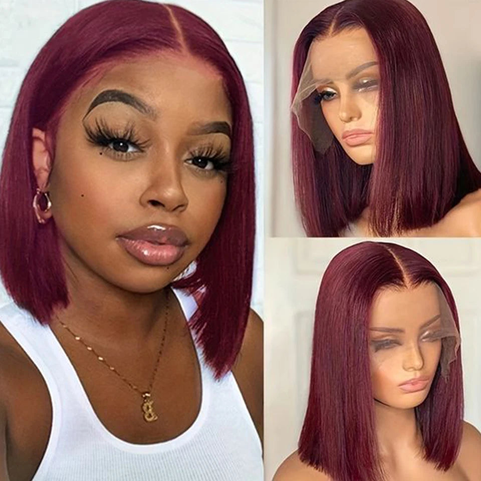 Burgundy 99J  HD Transparent Short Bob Human Hair Wigs Highlight Straight Brazilian 13x6x2 Lace Front Wig For Women Pre Plucked