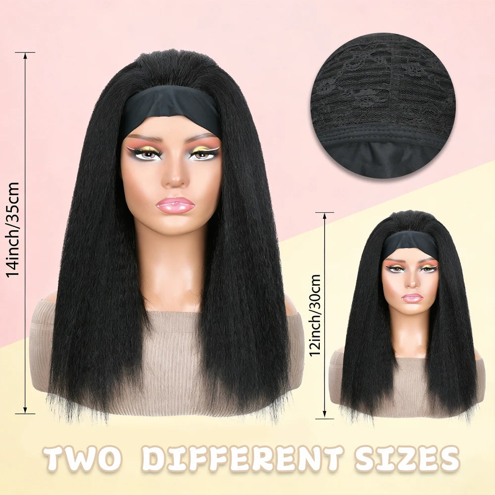 Long Kinky Straight Hair Wigs for Black Women, Synthetic Headband Wig, Hair Band Attached Half Wig, Full Machine Made, None Lace