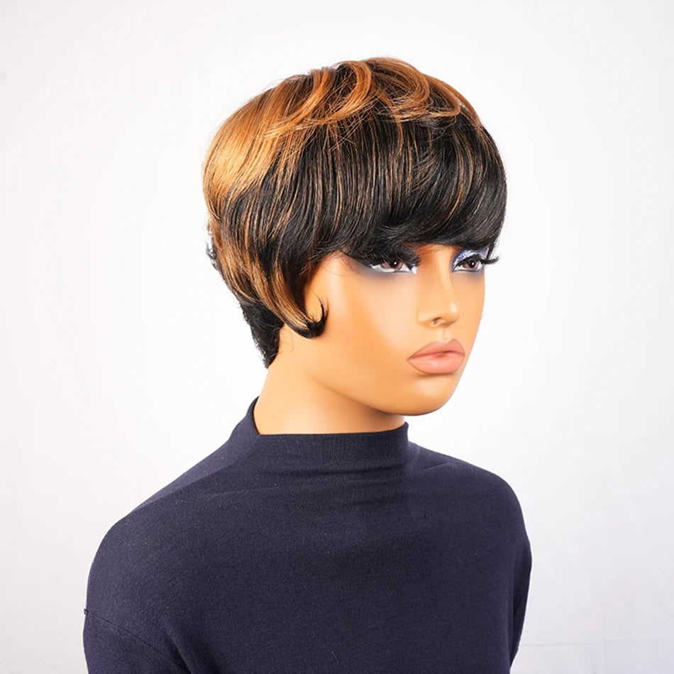 Ombre Color Highlight Short Pixie Cut 1B/33 Black Mix with Brown 150% Density Glueless Layered Brazilian Human Virgin Hair Wigs
