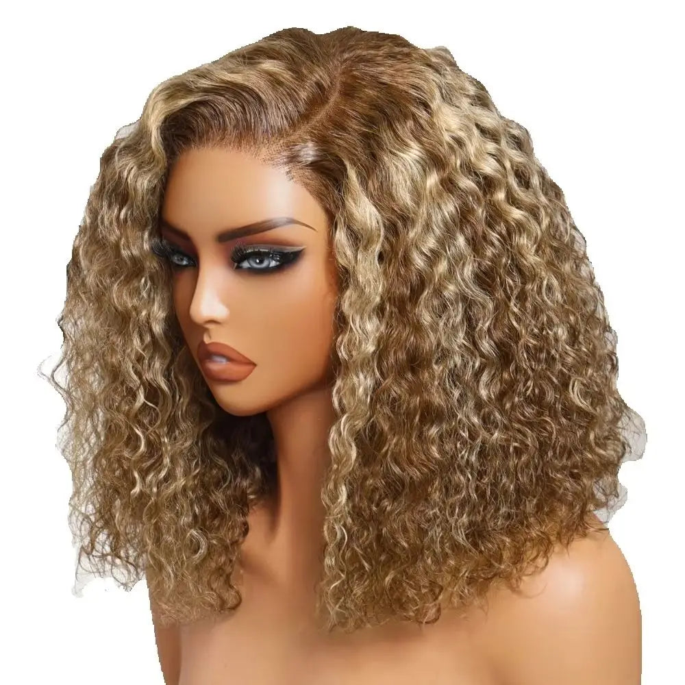 Klaiyi Hair Blonde Highlight Curly Bob Wig 180% Density 7x5 Lace Pre Cut Pre Bleached Glueless 100% Human Hair Ready To Wear