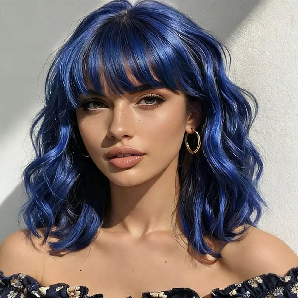 Short Bob Wavy Wigs for Women 14' brownblack Brownis with Bangs Synthetic Natural Color Hair for Halloween& Cosplay and Daily
