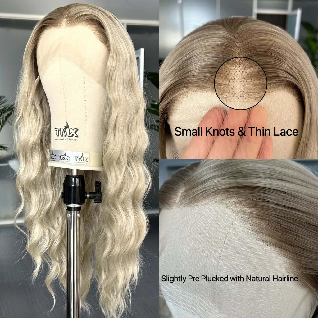 Ombre Ash Blonde Wig Long Natural Wavy Synthetic Hair Loose Curly Middle Part 13X4 Highlight Colored Wigs for Women Daily Party