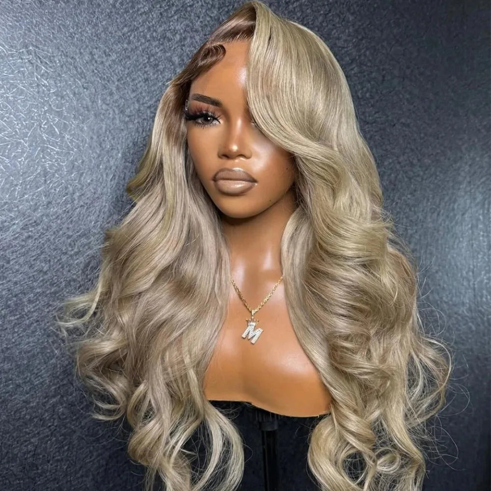 Ombre Ash Blonde With Dark Roots Natural Wave Hair Synthetic Lace Front Wig 13x4 HD for Women Easy to Wear Daily Cosplay Wig