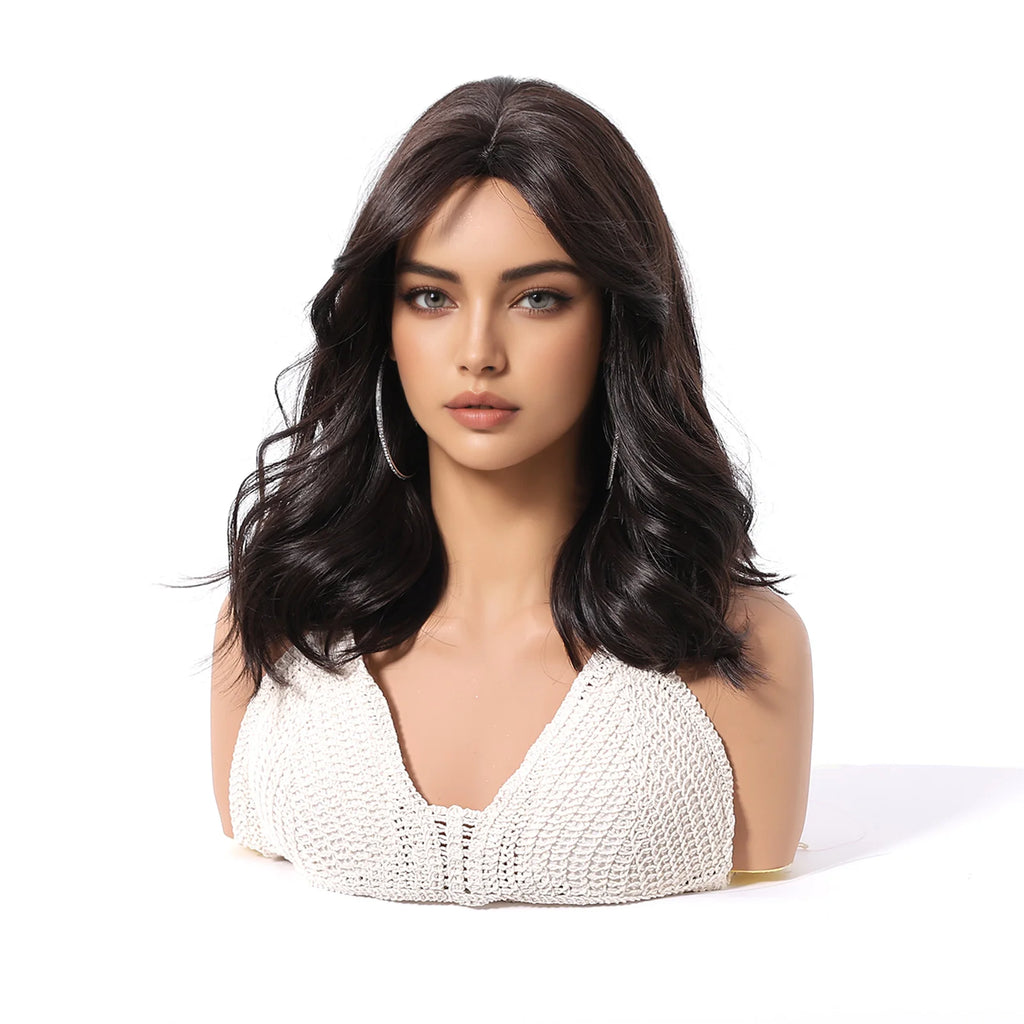 Short Wavy Wigs Black Brown Wig Shoulder Length Wave Synthetic Hair With Medium Part Bangs Daily Party for Women Heat Resistant