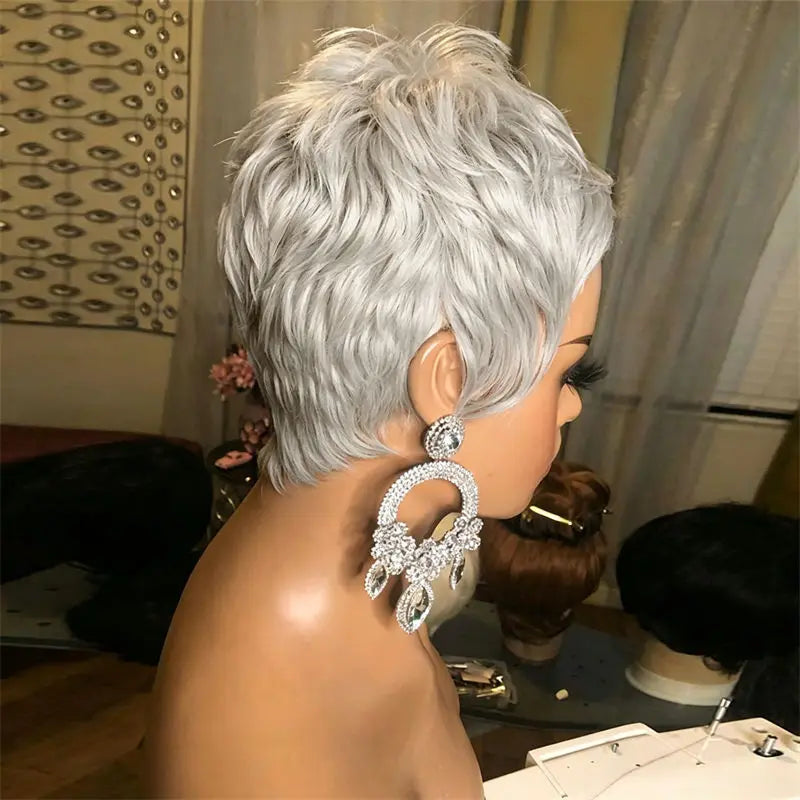 Short Wig for Women Pixie Cut Wig Full Machine Made With Bangs Gray Human Hair Wig Fashion Style for Black Women Daily Party Use