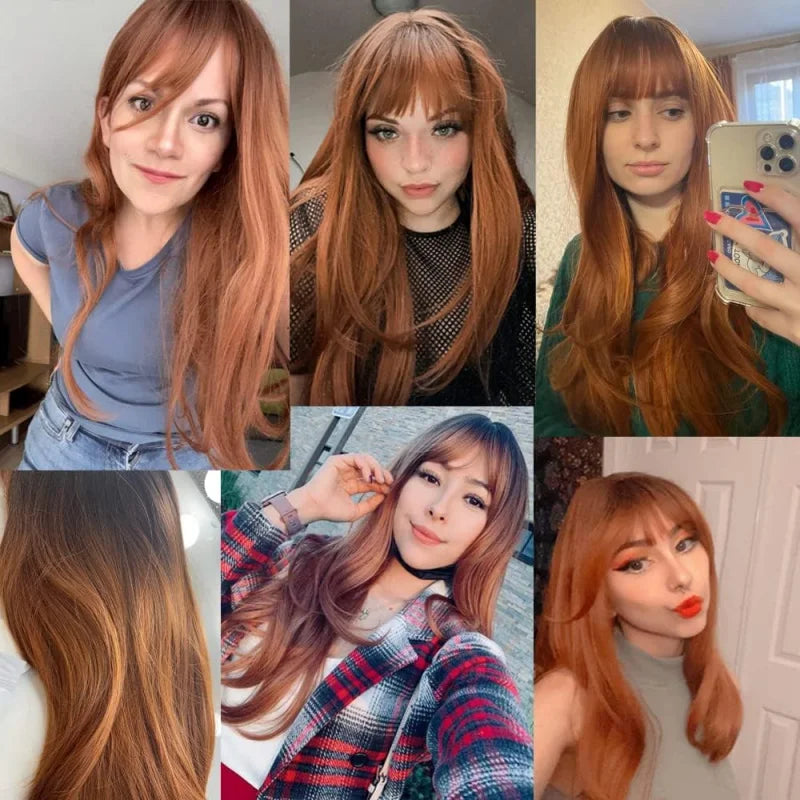 Copper Ginger Wigs With Bangs Auburn Long Natural Straight Layered Synthetic Hair For Women Dark Red Brown Realistic Wig 26 Inch