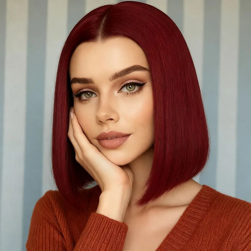 Women's burgundy 12 inch straight hair wig, synthetic high-temperature fiber, fashionable, suitable for daily and party use