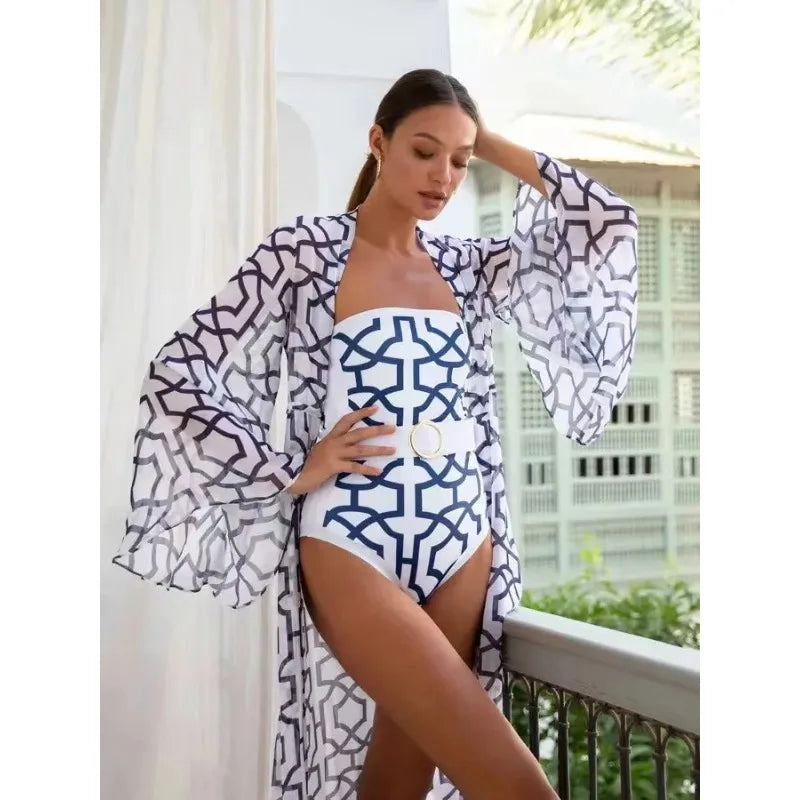 Bikini Bodysuit Swimwear Women With Kimono Bathing Suit Summer New Splice Print Beachwear Holiday Bikini Cover Ups Outfits