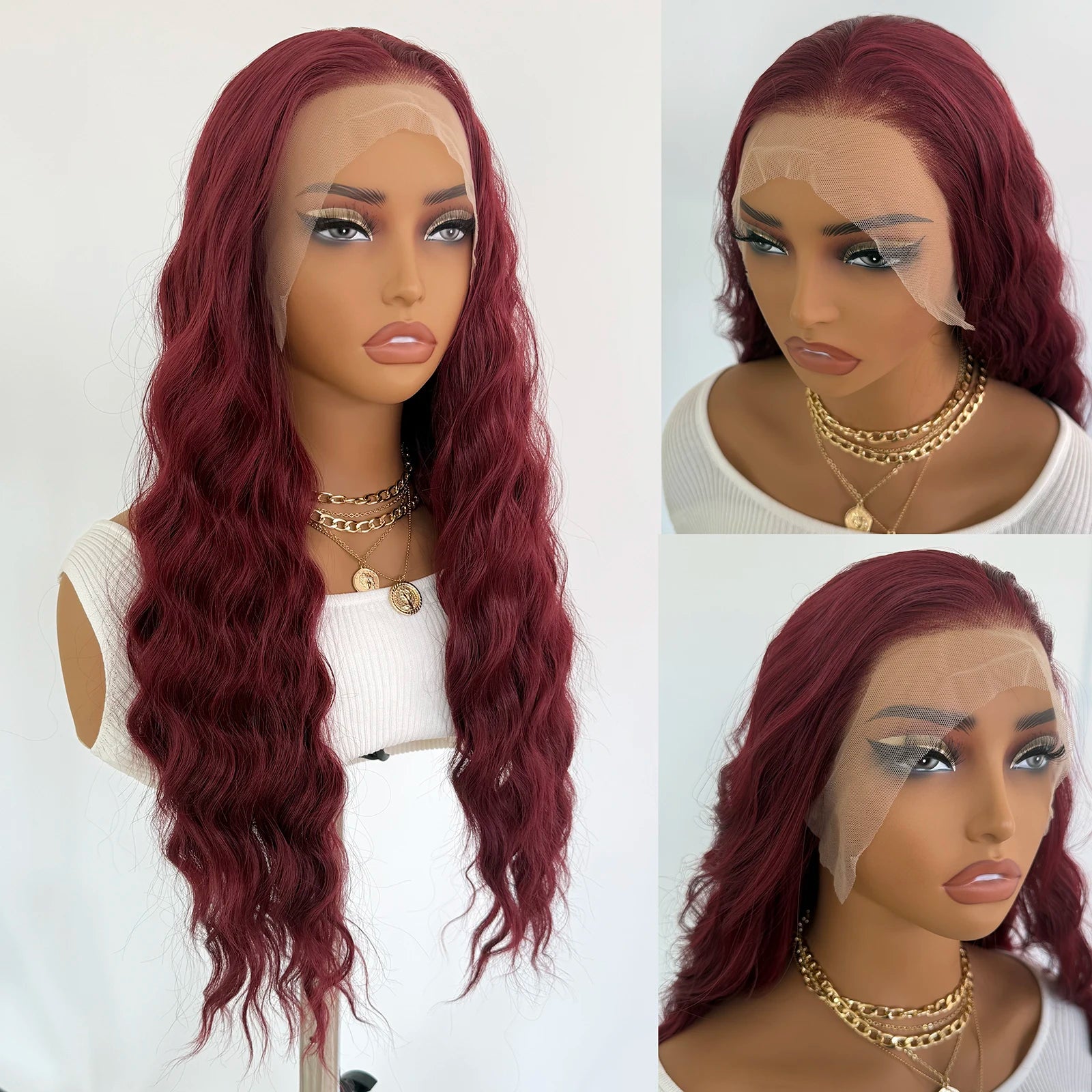 Burgundy Lace Front Wig 13x4 Natural Hairline Glueless Long Body Deep Wave Synthetic Wig for Women Daily Use Cosplay Wig