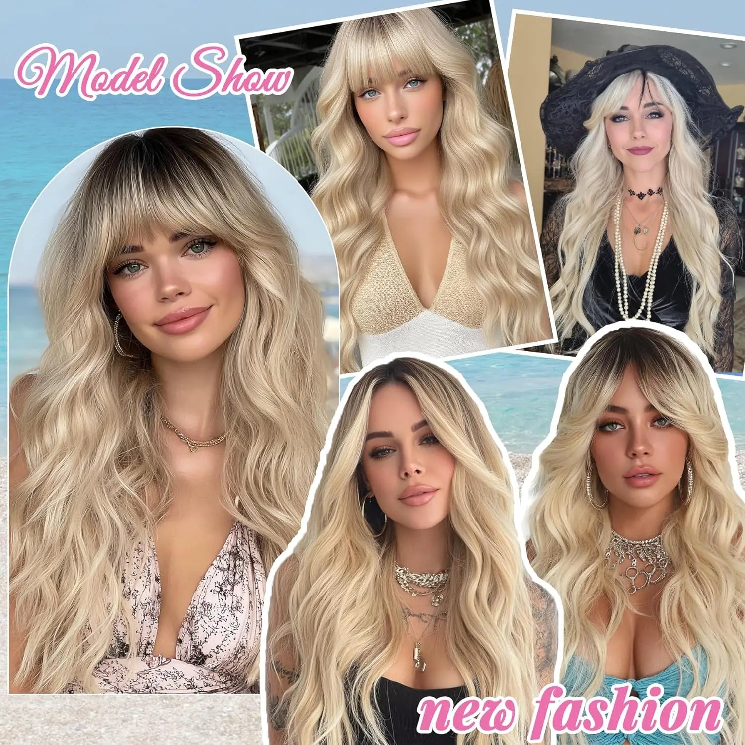 Ombre Blonde Wig with Bangs Long Wavy Wig Platinum Blonde Wigs for Women with Dark Roots Natural Synthetic Wigs Curly Hair