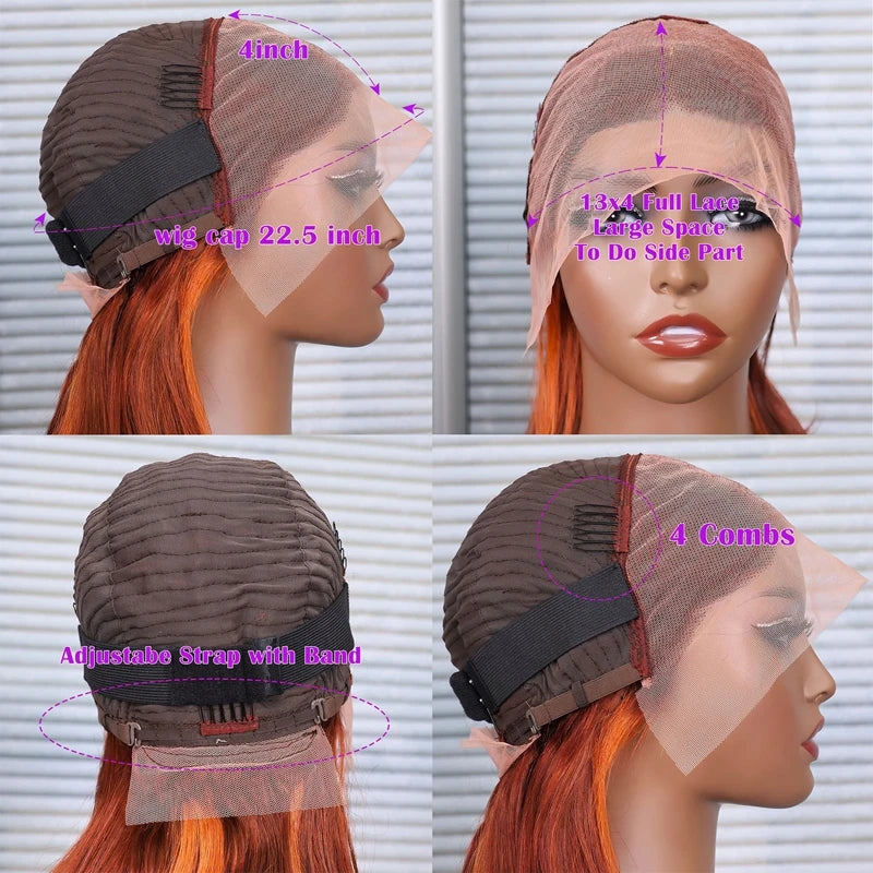 200% Density Ginger Orange Straight Short Bob Wig Silky Highlight Ginger Orange Color 13x4 Lace Frontal Wig 100% Human Hair Wigs