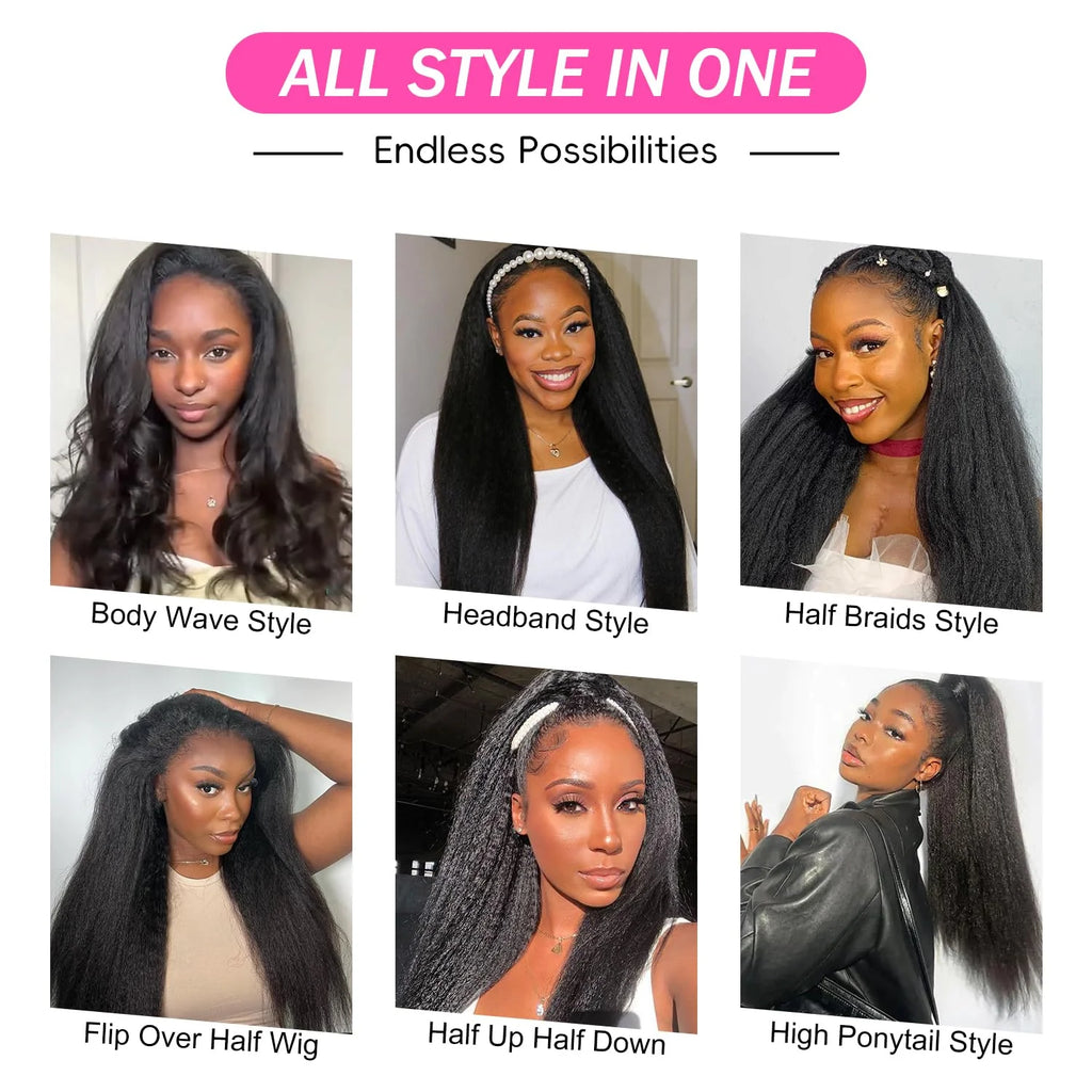 Half Wigs Yaki Straight 220% Density Human Hair Kinky Straight Wig Seamless Clip In Half Wig with Drawstring Beginner Friendly