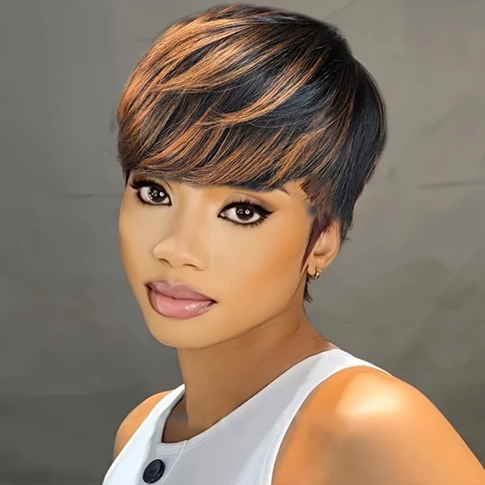 Ombre Color Highlight Short Pixie Cut 1B/33 Black Mix with Brown 150% Density Glueless Layered Brazilian Human Virgin Hair Wigs