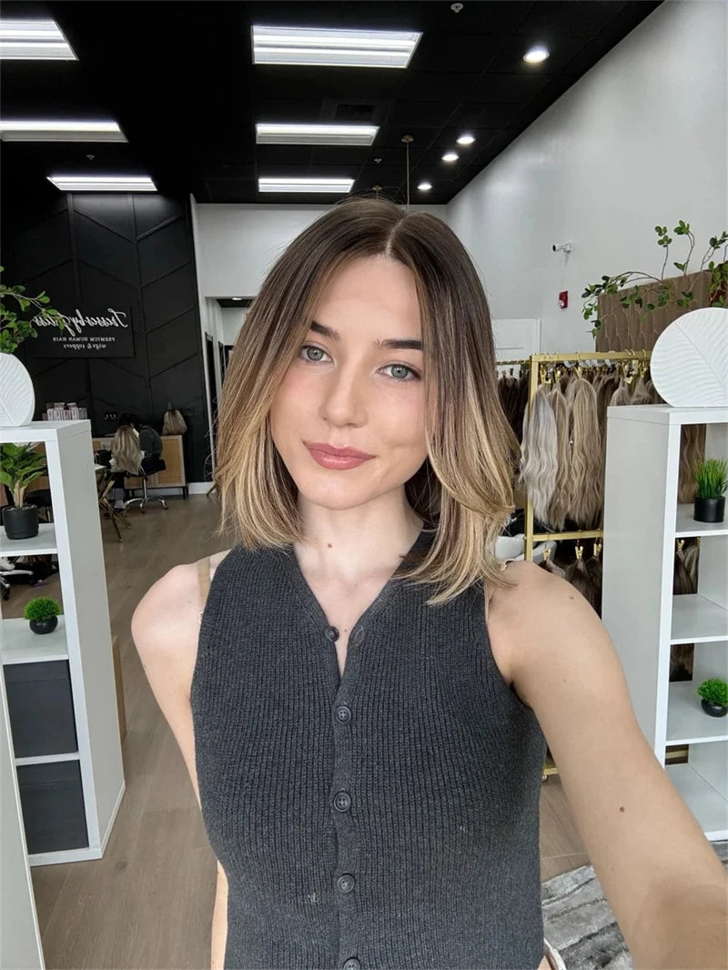 2026 Ombre Honey Blond Wig Rooted Short Bob Lace Wig Premium Synthetic Futura Heat Safe Transparent Lace Frontal Wigs for Women