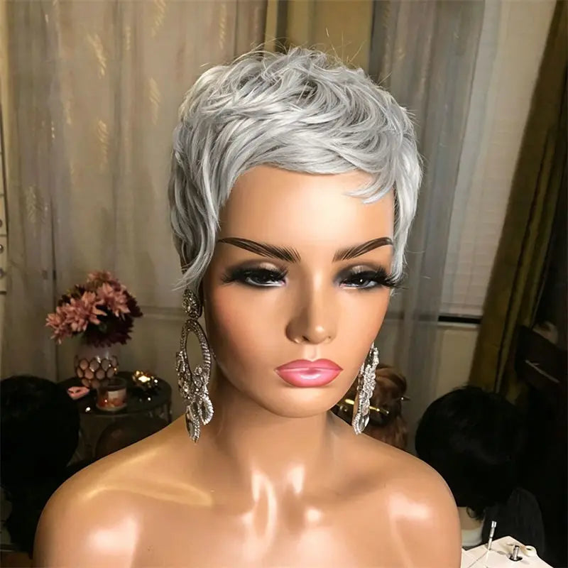 Short Wig for Women Pixie Cut Wig Full Machine Made With Bangs Gray Human Hair Wig Fashion Style for Black Women Daily Party Use