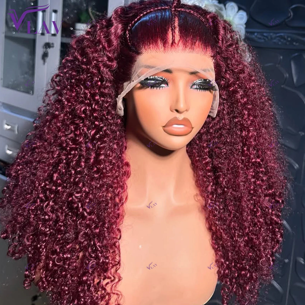 Burgundy Colored Kinky Curly 450 Density Glueless Wig 13x6 HD Lace Front Human Hair Wig 99J Colored 100% Human Hair Wear And Go