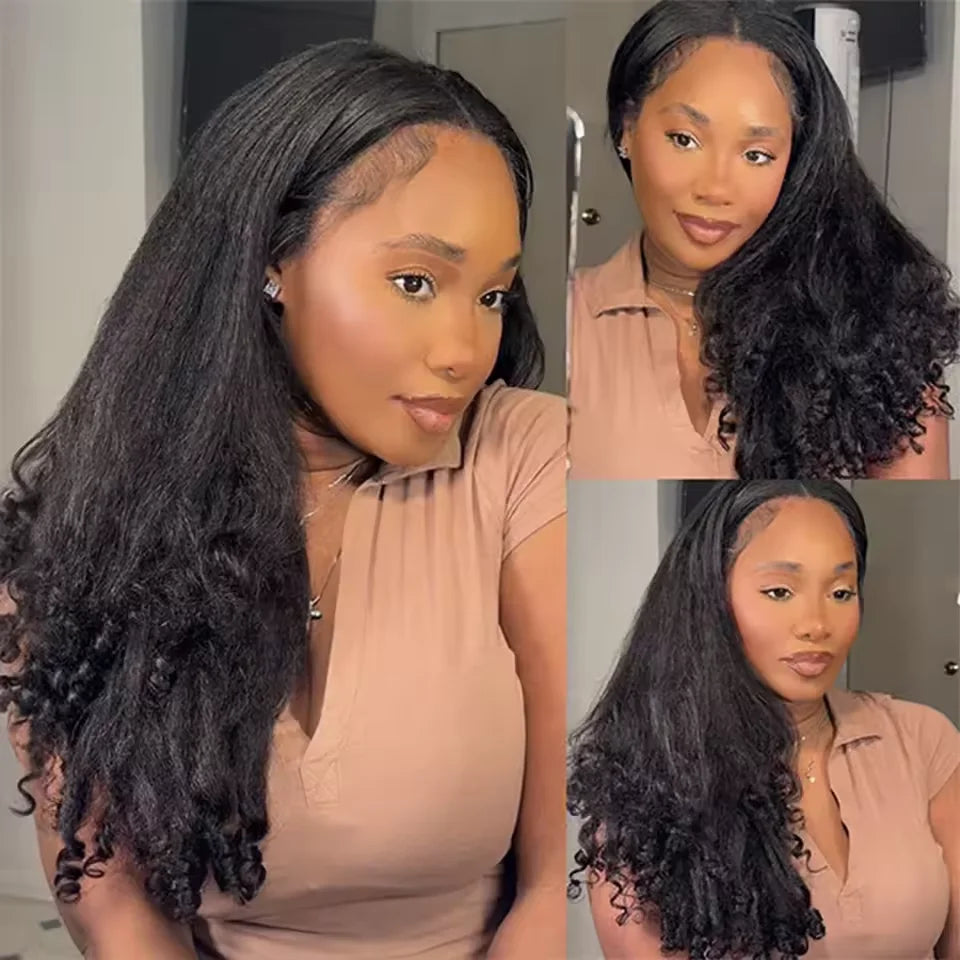 Half Wigs Yaki Straight 220% Density Human Hair Kinky Straight Wig Seamless Clip In Half Wig with Drawstring Beginner Friendly