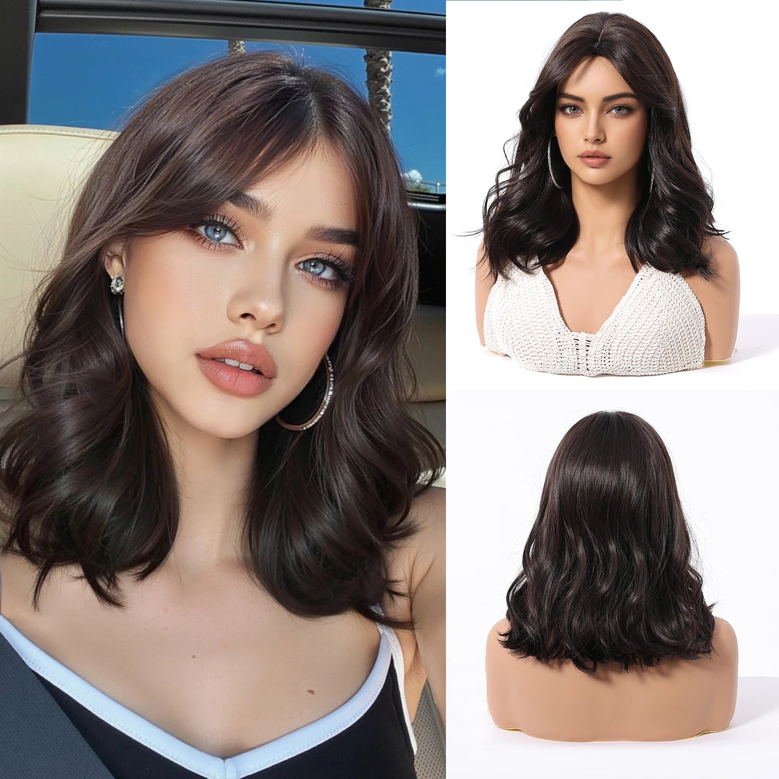 Short Wavy Wigs Black Brown Wig Shoulder Length Wave Synthetic Hair With Medium Part Bangs Daily Party for Women Heat Resistant