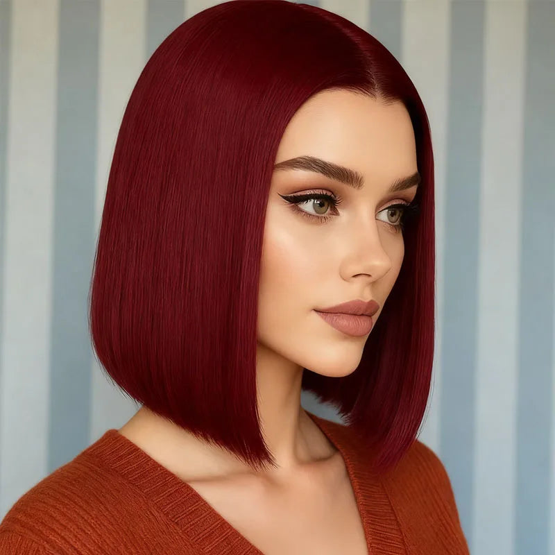 Women's burgundy 12 inch straight hair wig, synthetic high-temperature fiber, fashionable, suitable for daily and party use