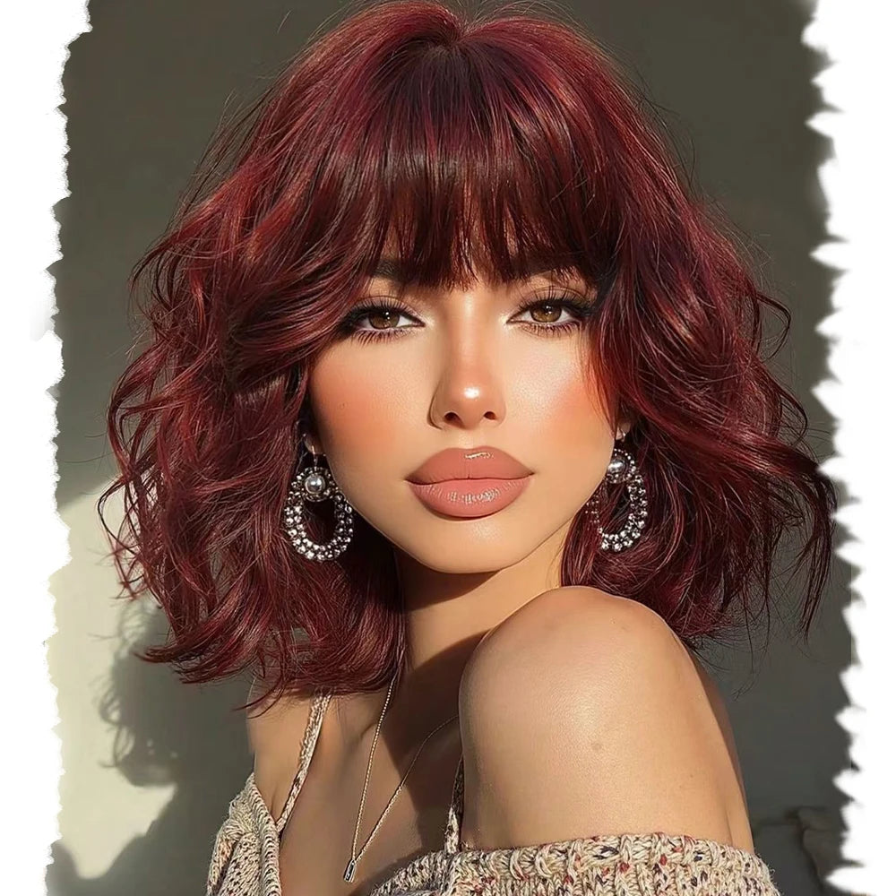 Short Bob Wavy Wigs for Women 14' brownblack Brownis with Bangs Synthetic Natural Color Hair for Halloween& Cosplay and Daily