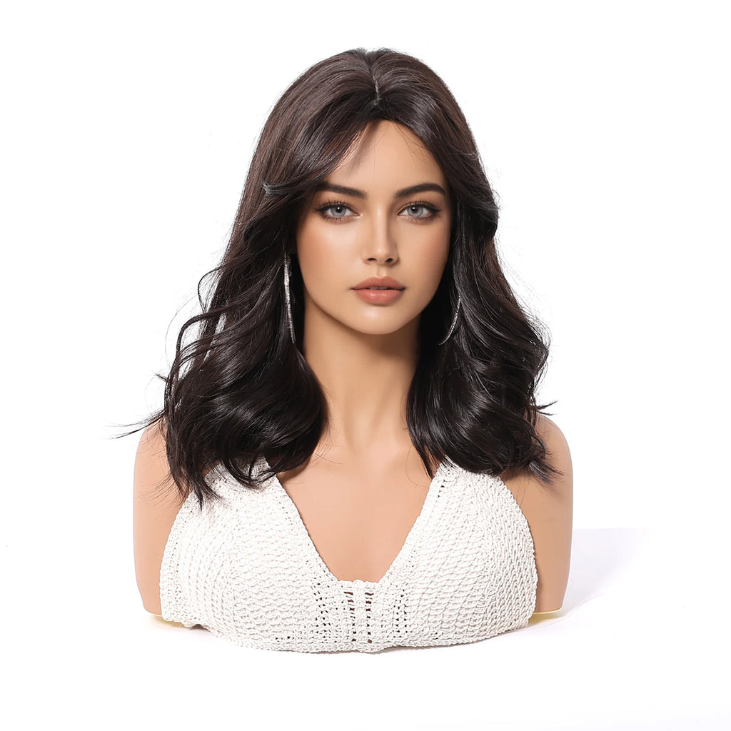 Short Wavy Wigs Black Brown Wig Shoulder Length Wave Synthetic Hair With Medium Part Bangs Daily Party for Women Heat Resistant